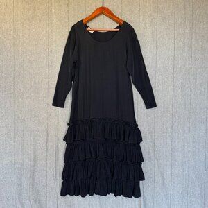 Vintage Anna Bella Designs Black Rayon Long Puff Sleeve Ruffle Hem Maxi Dress